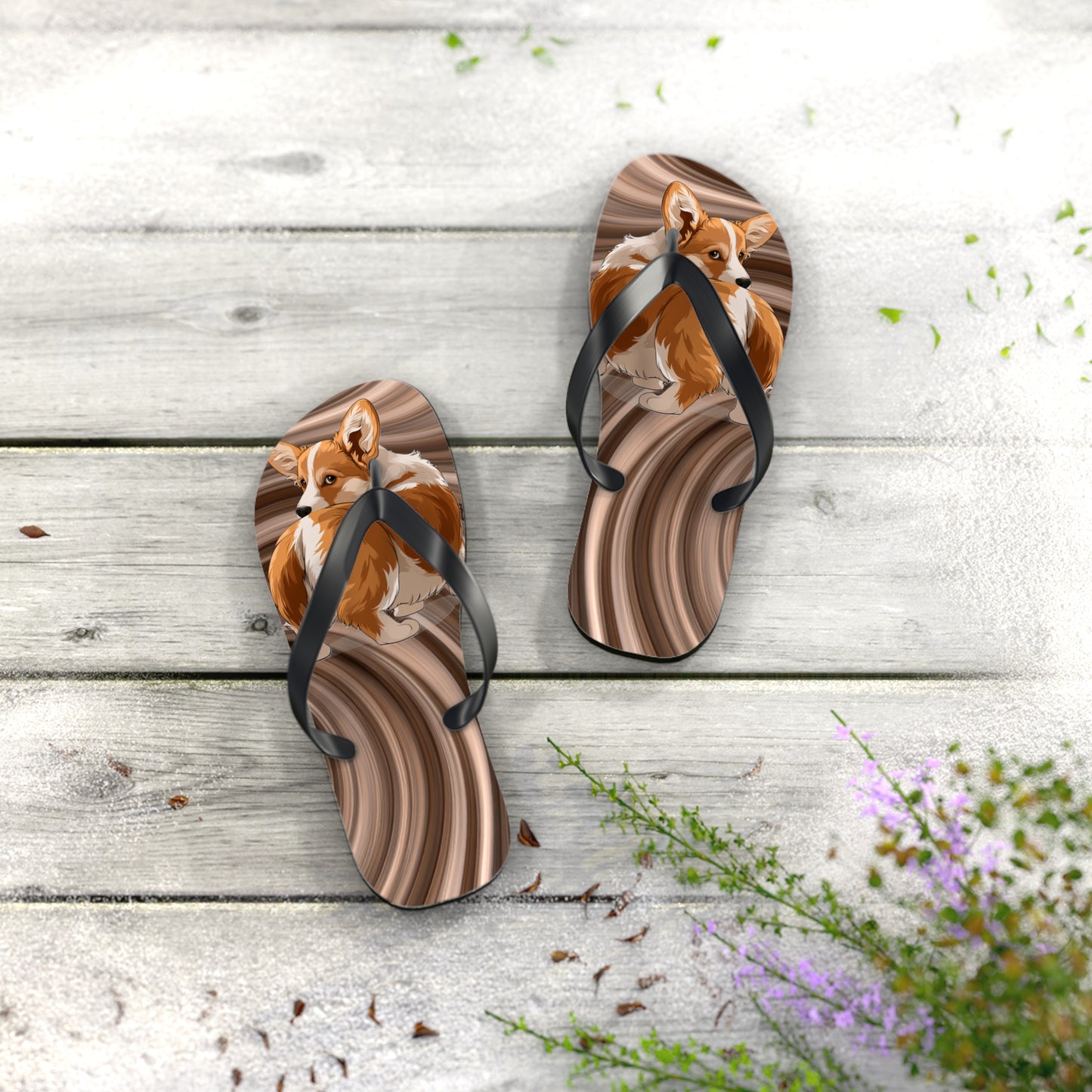 Butt What? Talk To The Butt Contemptuous Corgi Unisex Flip Flops – Comical Swirling Brown Corgi Beach Sandals
