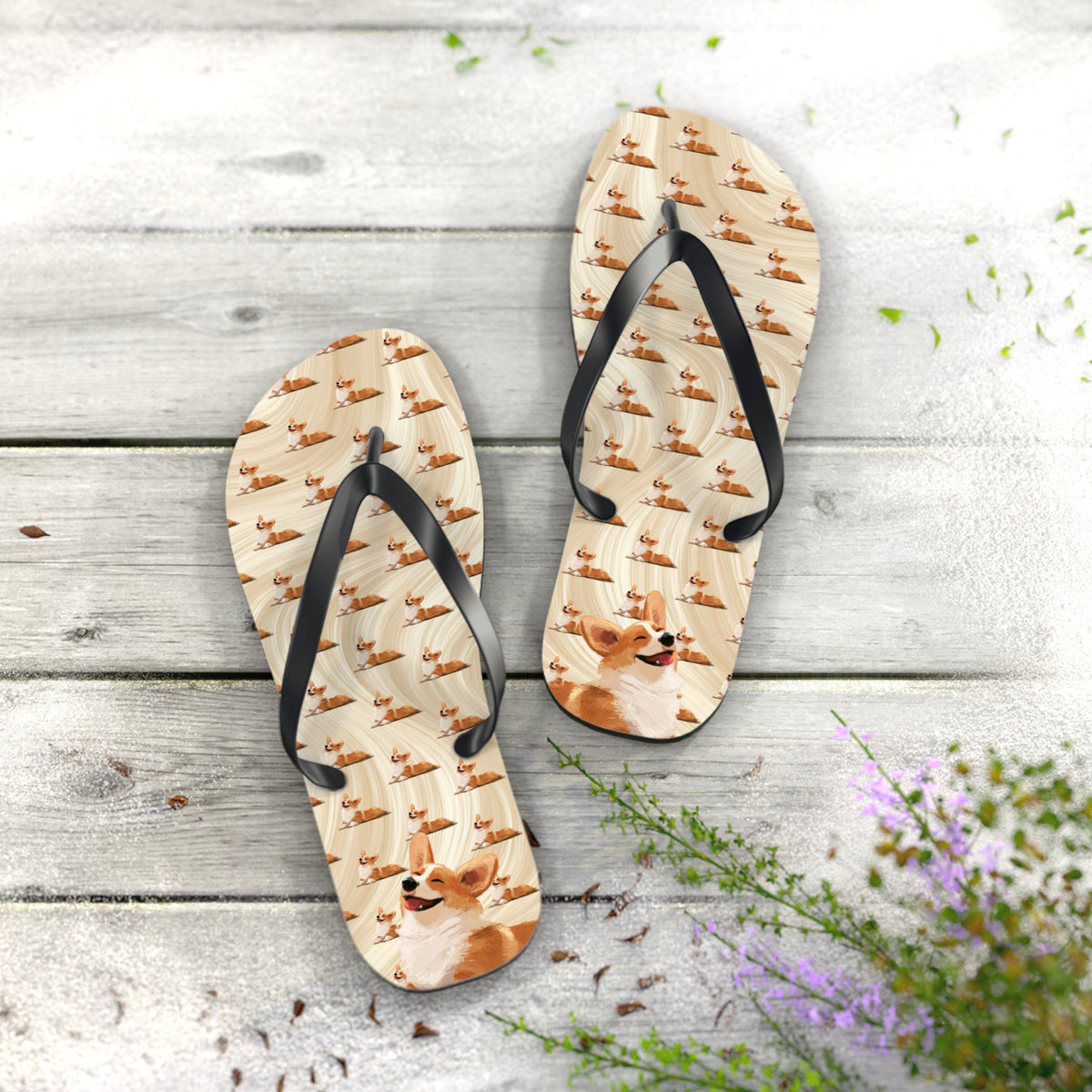 Giddy Sploot Unisex Flip-Flops - Creamy Champagne Corgi Sandals