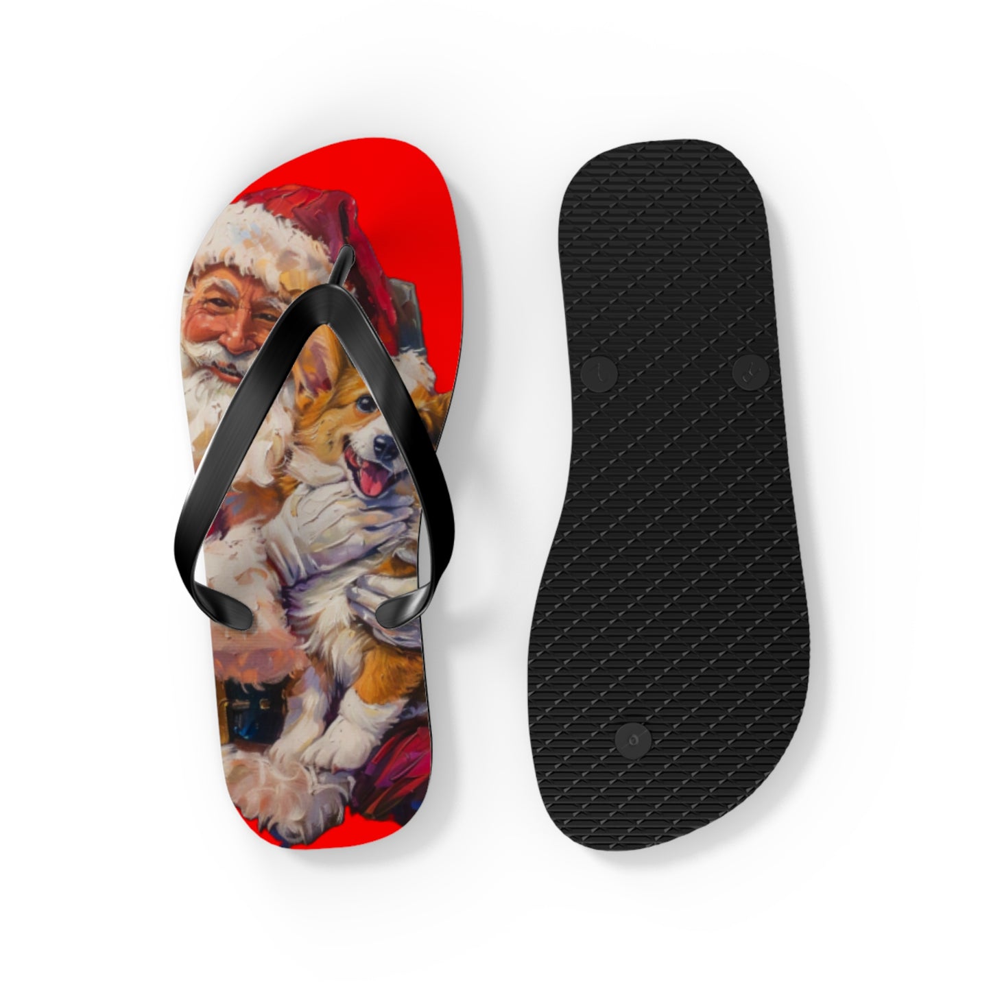 Christmas Corgi on Santa's Lap Custom Artistic Unisex Flip Flops – Festive Holiday Sandals