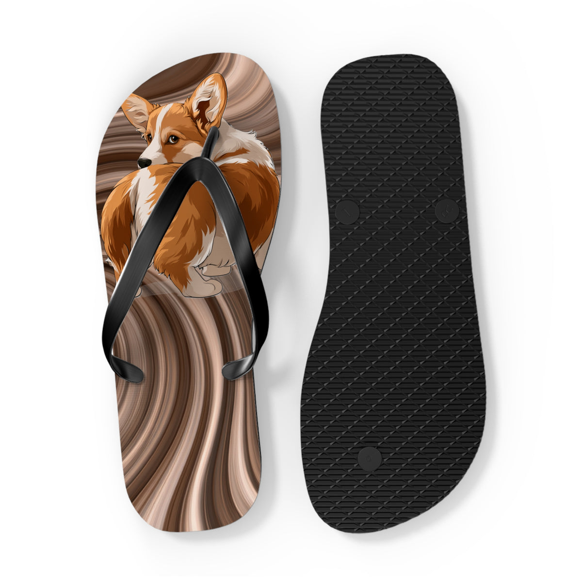 Butt What? Talk To The Butt Contemptuous Corgi Unisex Flip Flops – Comical Swirling Brown Corgi Beach Sandals