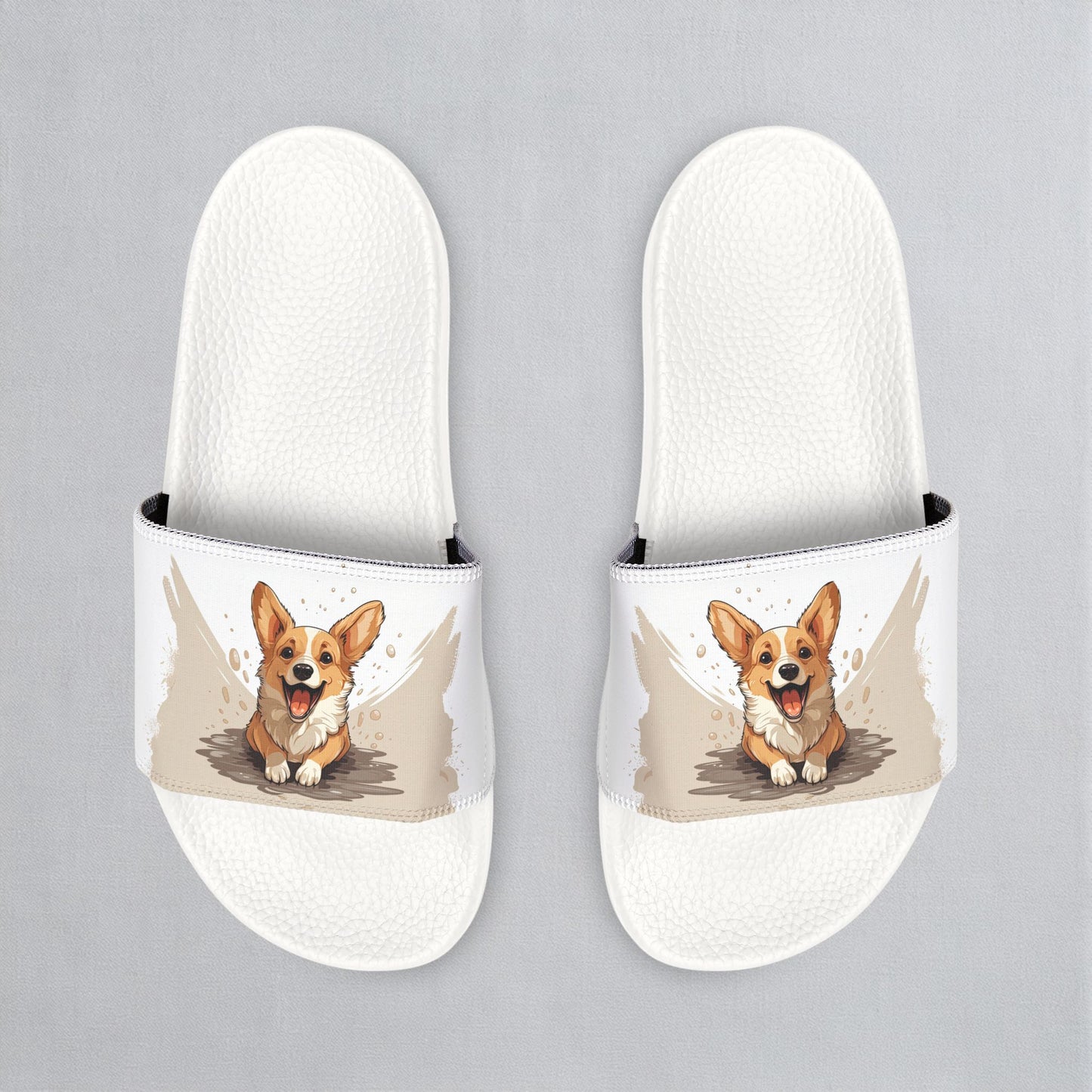 Corgi Cuteness Anime Print Men's Beige & White Slide Sandals - Casual Pool & Beach Slides
