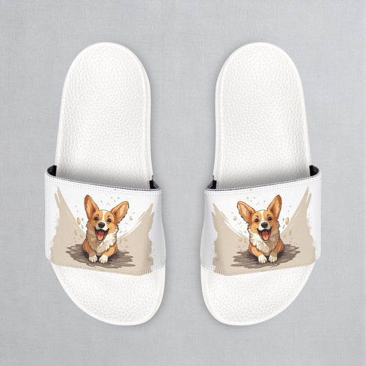 Corgi Cuteness Anime Print Men's Beige & White Slide Sandals - Casual Pool & Beach Slides