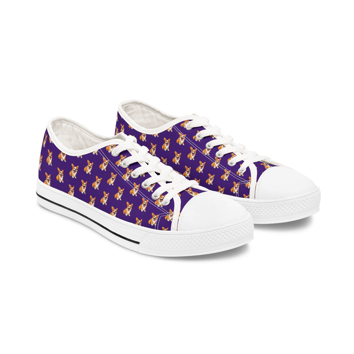 Jolly Jiggling Animated Corgi Women's Low Top Purple Canvas Sneakers