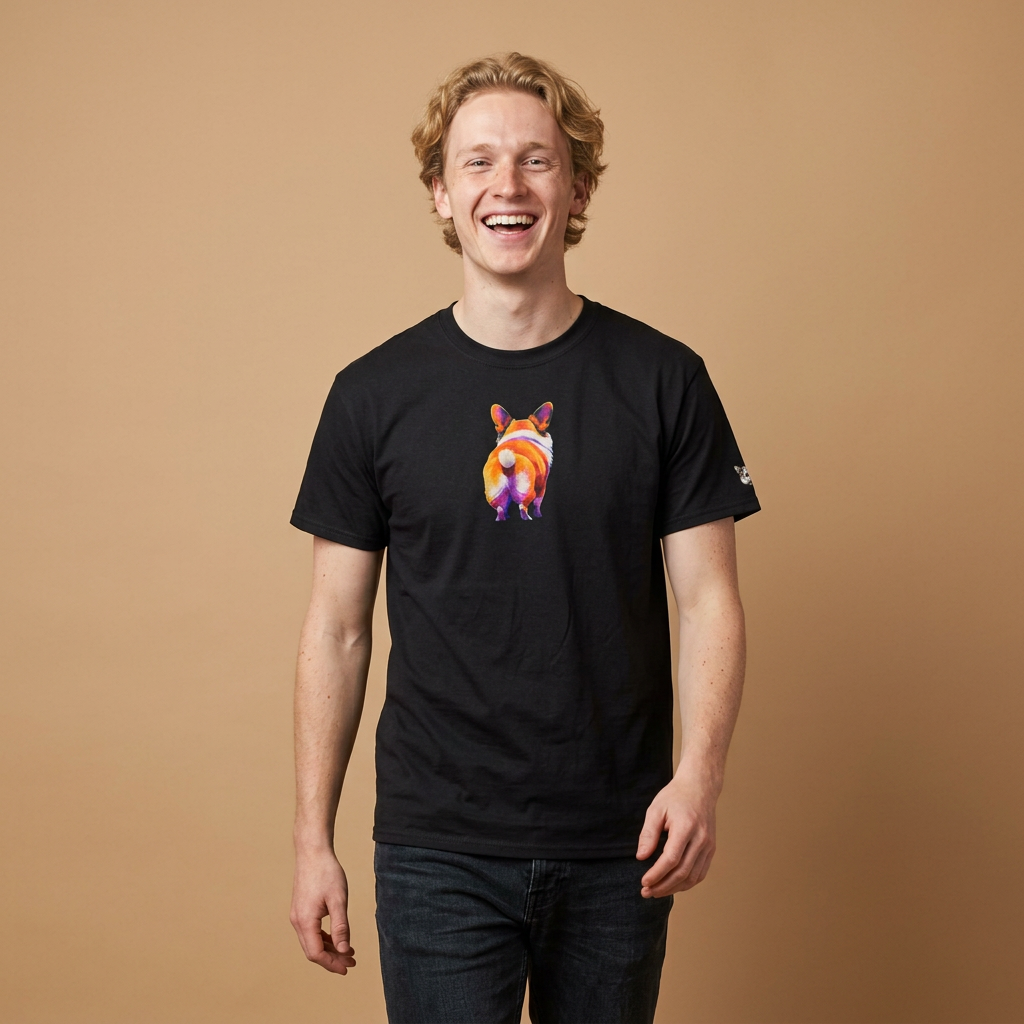 Corgi Butt Graphic Tee — Colorful Retro Style Humorous Corgi Wiggle T‑Shirt