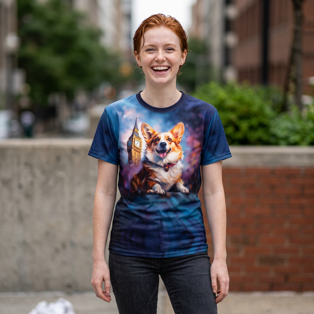 Corgi & Ben in London Unisex Bold Tee - British Corgi on Monarch Navy