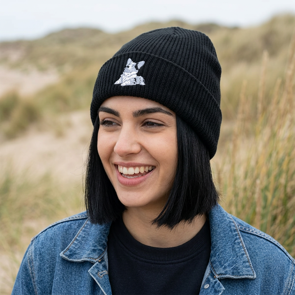 Blue Merle Majesty Cuffed Synthetic Wool Beanie — Designer Corgi Headwear in Monarch Navy or Phantom Black