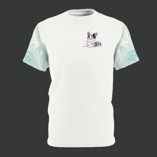 Blue Merle Majesty Unisex Bold Designer Tee - Cool Blue Corgi on Alabaster Cream with Swirling Aqua Mane Sleeves