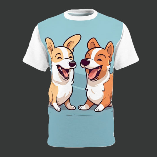 Best Mates Unisex Bold Designer Tee - Corgis at Play on Breezy Blue with Sugar Sweet Sleeves