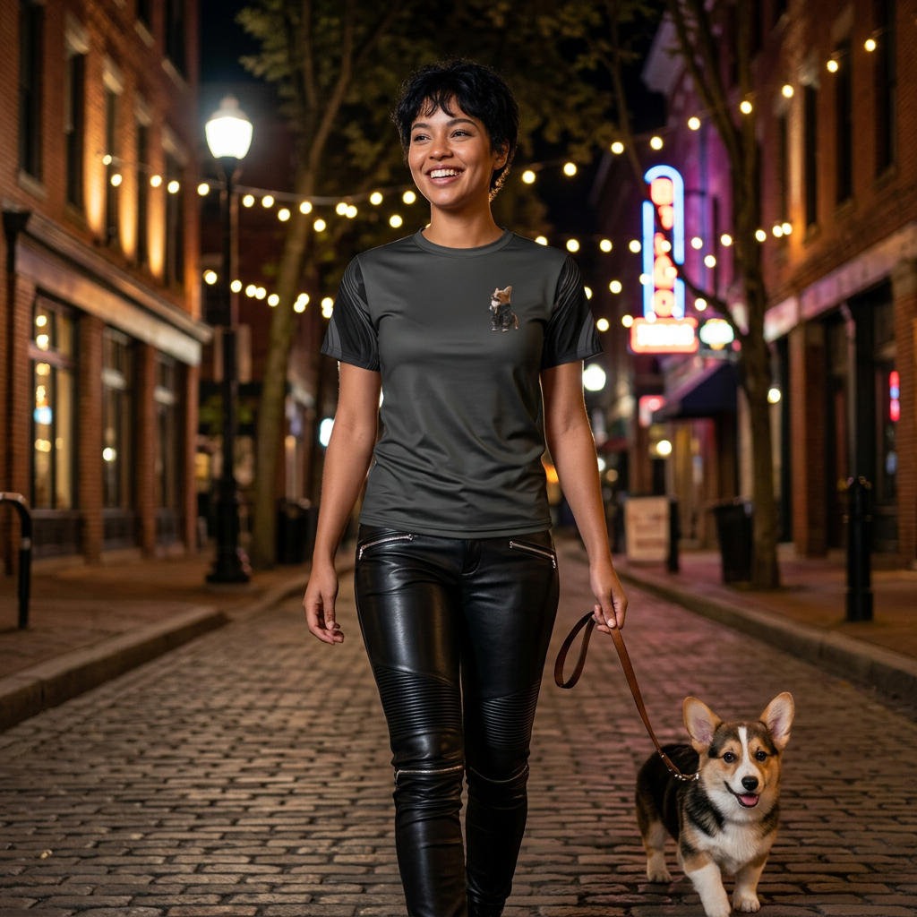 Leader of the Pack Unisex Bold Designer Tee — Bad to the Dog Bone Corgi on Charred Slate with Phantom Black Flowing Mane Sleeves