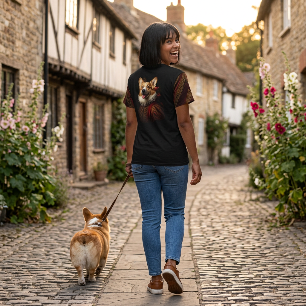 Renaissance in a Ruff Unisex Bold Designer Tee - Historic Corgi Portrait on Phantom Black with Antique Venetian Red Sleeves