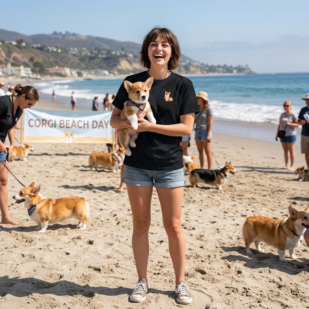 Gold Medal Momo Unisex Bold Designer Tee - Corgi Honor on Monarch Navy with Flowing Fur-Effect
