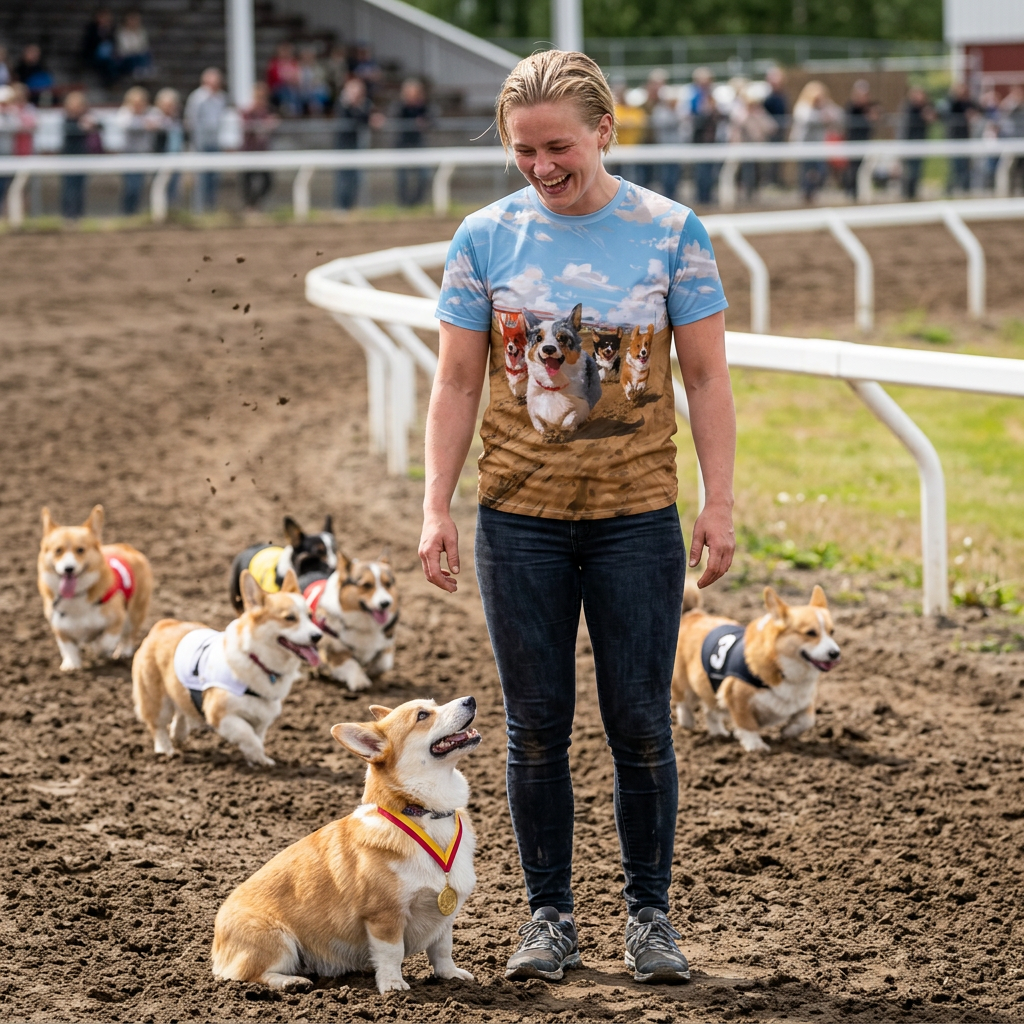 Off to the Races Unisex Bold Designer Tee - Corgi Racing Under Breezy Blue Skies