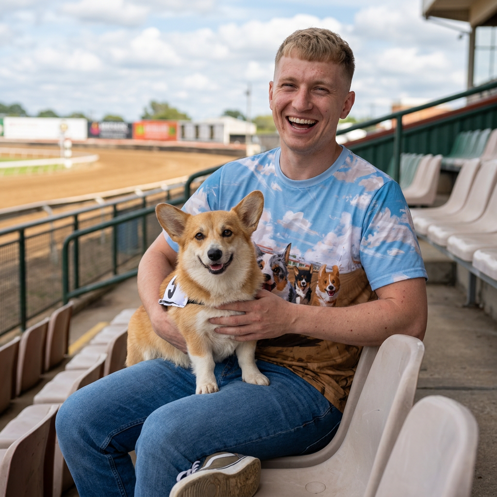 Off to the Races Unisex Bold Designer Tee - Corgi Racing Under Breezy Blue Skies