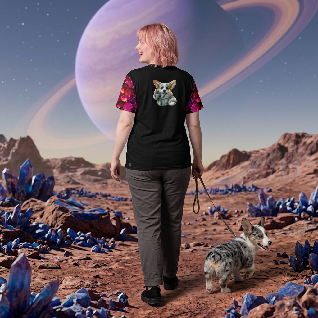 Baby Corgi Star Sage Unisex Bold Designer Tee — Phantom Black with Galaxy Glitter Geo-Sleeves (Part of the Astral Warrior Collection)