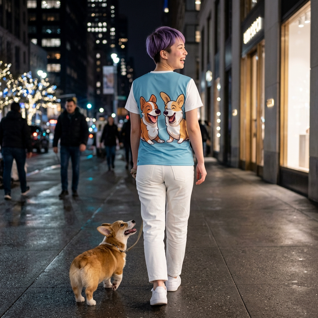 Best Mates Unisex Bold Designer Tee - Corgis at Play on Breezy Blue with Sugar Sweet Sleeves