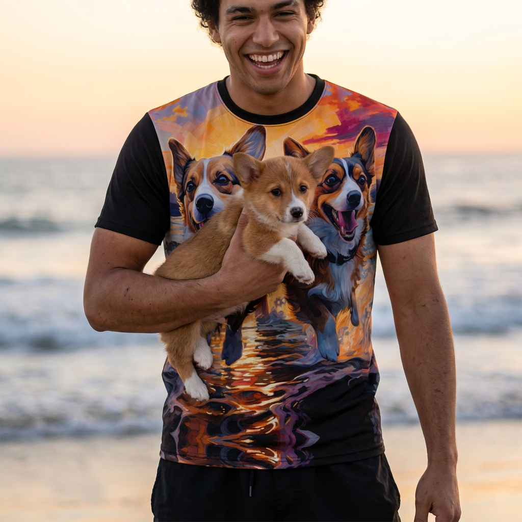 Beach Buds in the Swash Unisex Bold Designer Tee - Corgis at the Shore with Phantom Black Sleeves (Part of the Corgi Beach Day Collection)