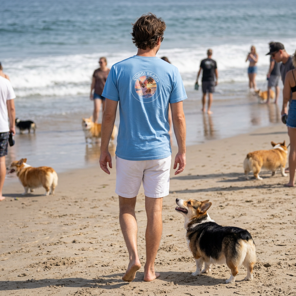 Corgi Beach Unisex Bold Designer Tee - Merry Meandering on Mahalo Marine (Part of the Corgi Beach Day Collection)