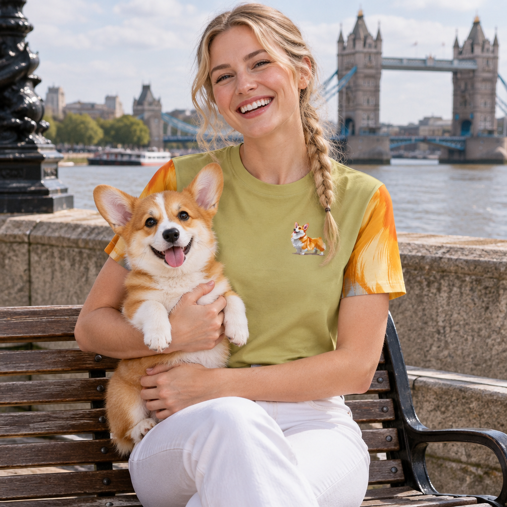 The Queen's Grand Companion Unisex Bold Designer Tee - Her Majesty's Pick of the Litter on Kakicha Khaki with Golden Mane Sleeves