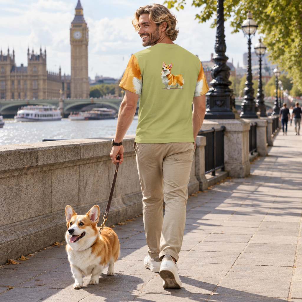 The Queen's Grand Companion Unisex Bold Designer Tee - Her Majesty's Pick of the Litter on Kakicha Khaki with Golden Mane Sleeves