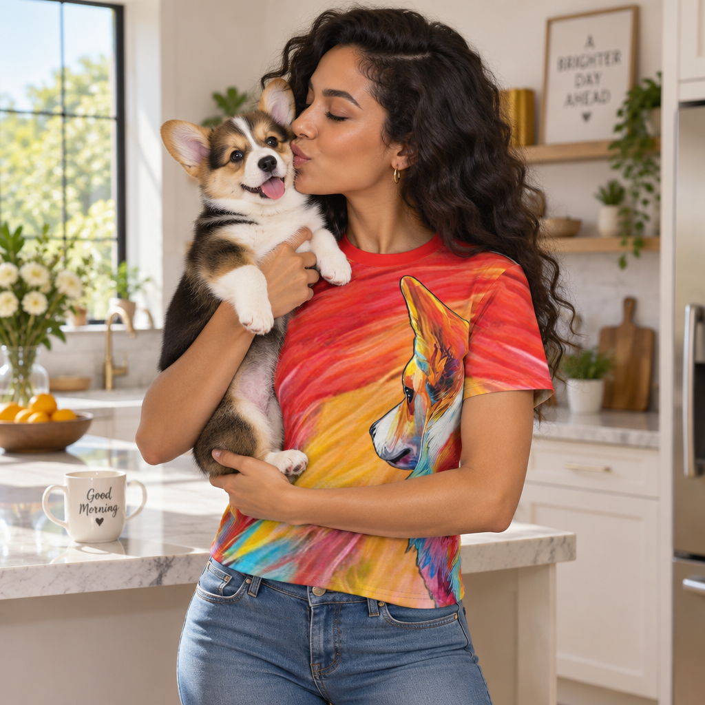 Peekaboo I See You Unisex Bold Designer Tee - Corgi Profile on Fantastic Flowing Fur-Effect
