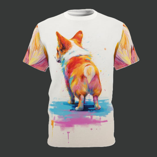 Ready-Set-Rump Unisex Bold Designer Tee - The Butt of the Corgi Bloke on Alabaster Glow with Color-Flow Fur-Effect Sleeves