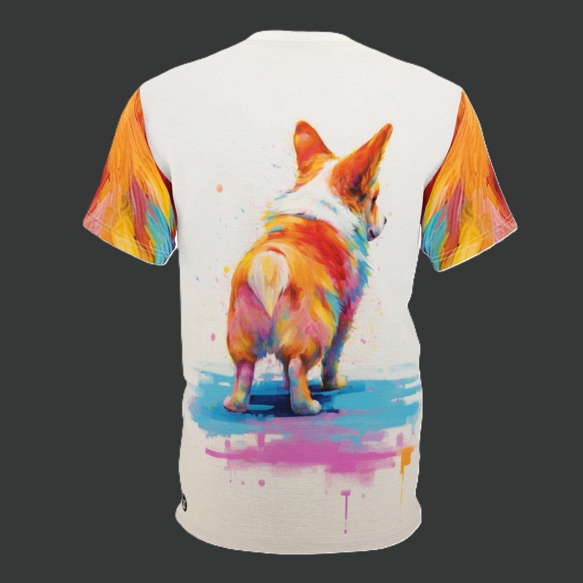 Ready-Set-Rump Unisex Bold Designer Tee - The Butt of the Corgi Bloke on Alabaster Glow with Color-Flow Fur-Effect Sleeves