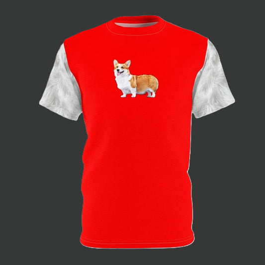 Best In Show Unisex Bold Designer Tee — Champion Corgi on Rad-Red with White Fur-Effect Flowing Mane Sleeves