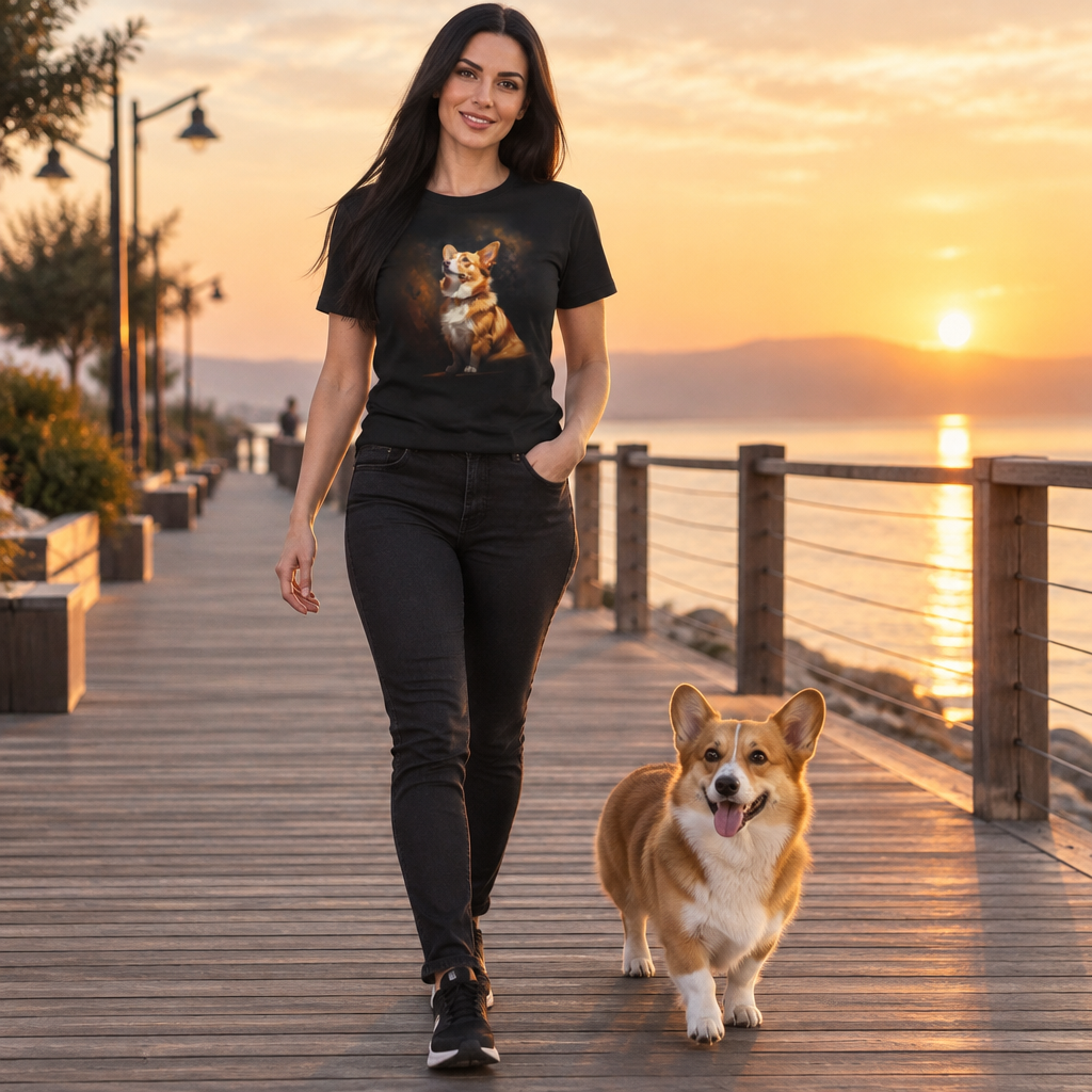 Pembroke Portrait Unisex Bold Designer Tee - Contemplating Corgi on Phantom Black