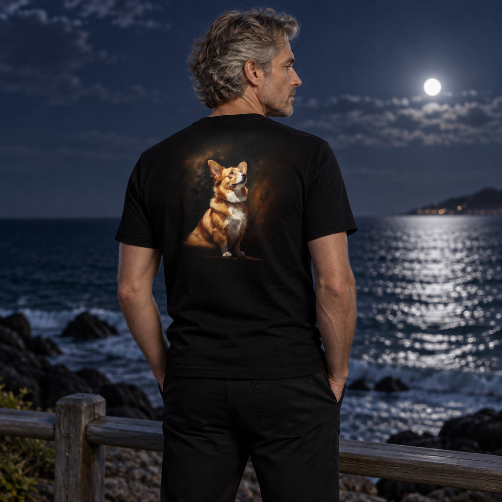 Pembroke Portrait Unisex Bold Designer Tee - Contemplating Corgi on Phantom Black