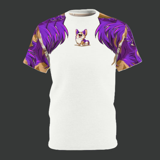 Purple Patch Unisex Bold Designer Tee — Carefree Corgi on Marzipan White with Very Violet Fur-Effect Sleeves & Shoulders