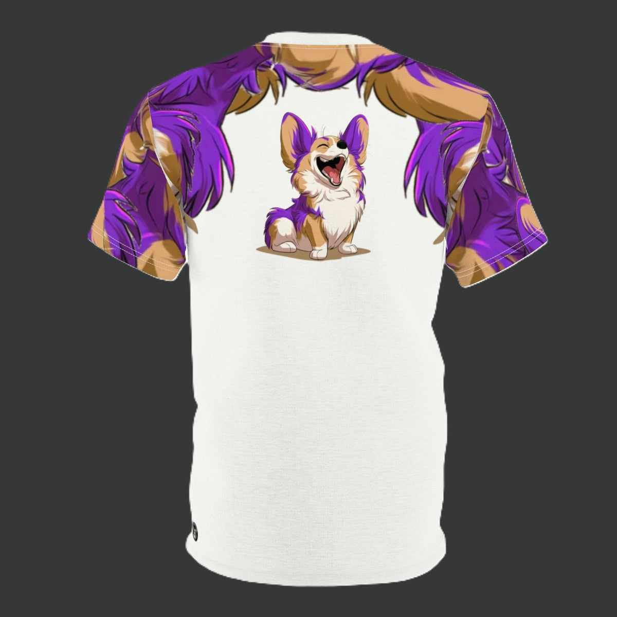 Purple Patch Unisex Bold Designer Tee — Carefree Corgi on Marzipan White with Very Violet Fur-Effect Sleeves & Shoulders
