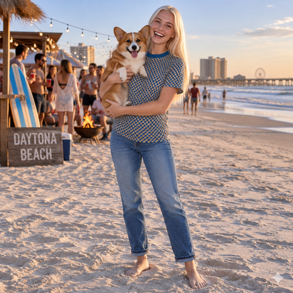 Ethereal Gaze Geometric Unisex Bold Designer Tee - Tiny Corgi Face Motif Beyond Belief on Daytona Dusk