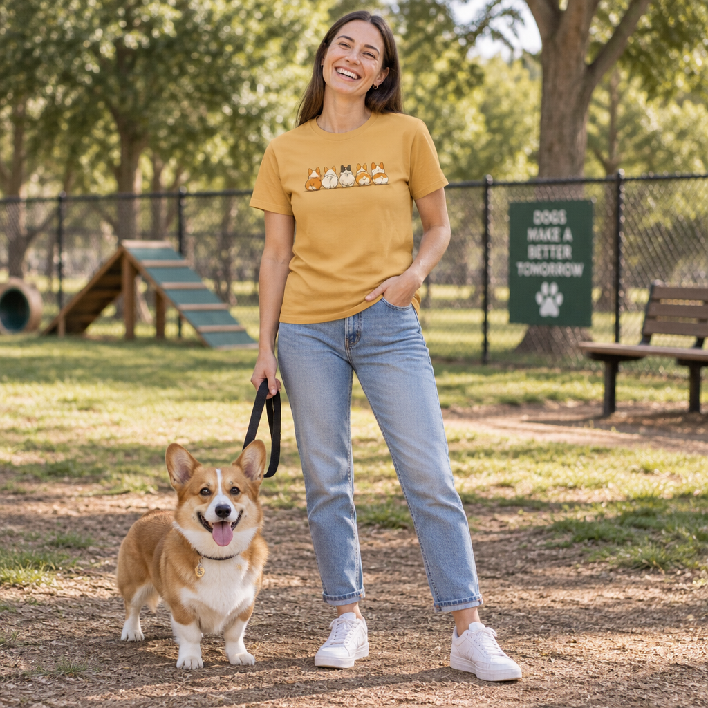 The Bottom Line Unisex Bold Designer Tee — Corgi Fanny Formation on Toasted Amber