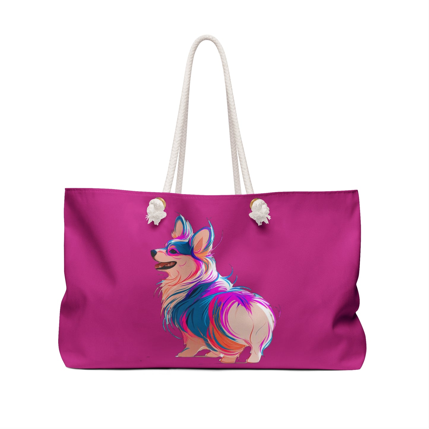 Party Pup Artistic Corgi Illustration Weekender Beach Bag – Fuchsia Corgi Travel Tote