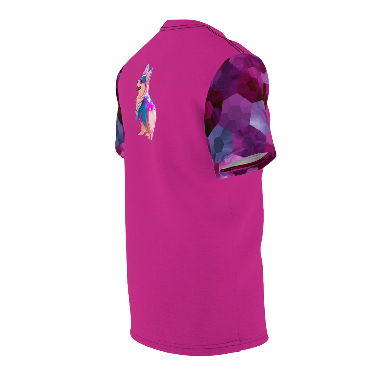 Cyberpunk Pup Unisex Bold Designer Tee - Riot Grrrl Corgi on Fuchsia Frenzy with Geo-Splatter Sleeves