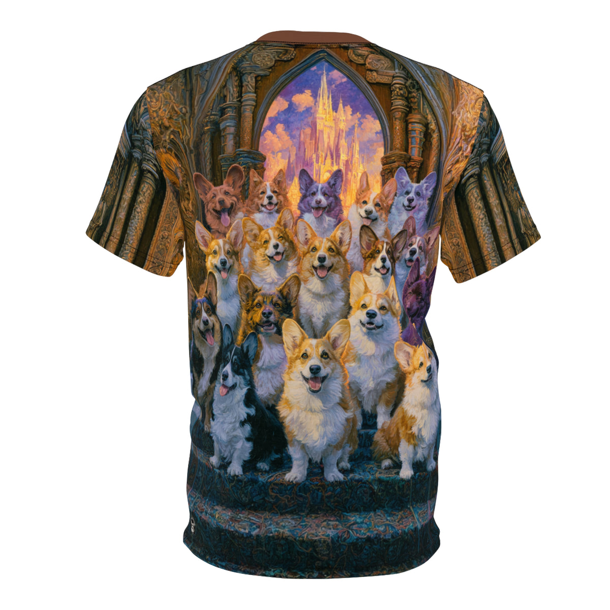 Pearly Gates Await Unisex Bold Designer Tee - Heavenly Corgis on Antique Divinity