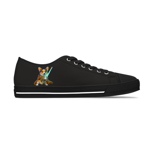 Little Light Knight Corgi Warrior in Training Women's Low Top Black Canvas Sneakers