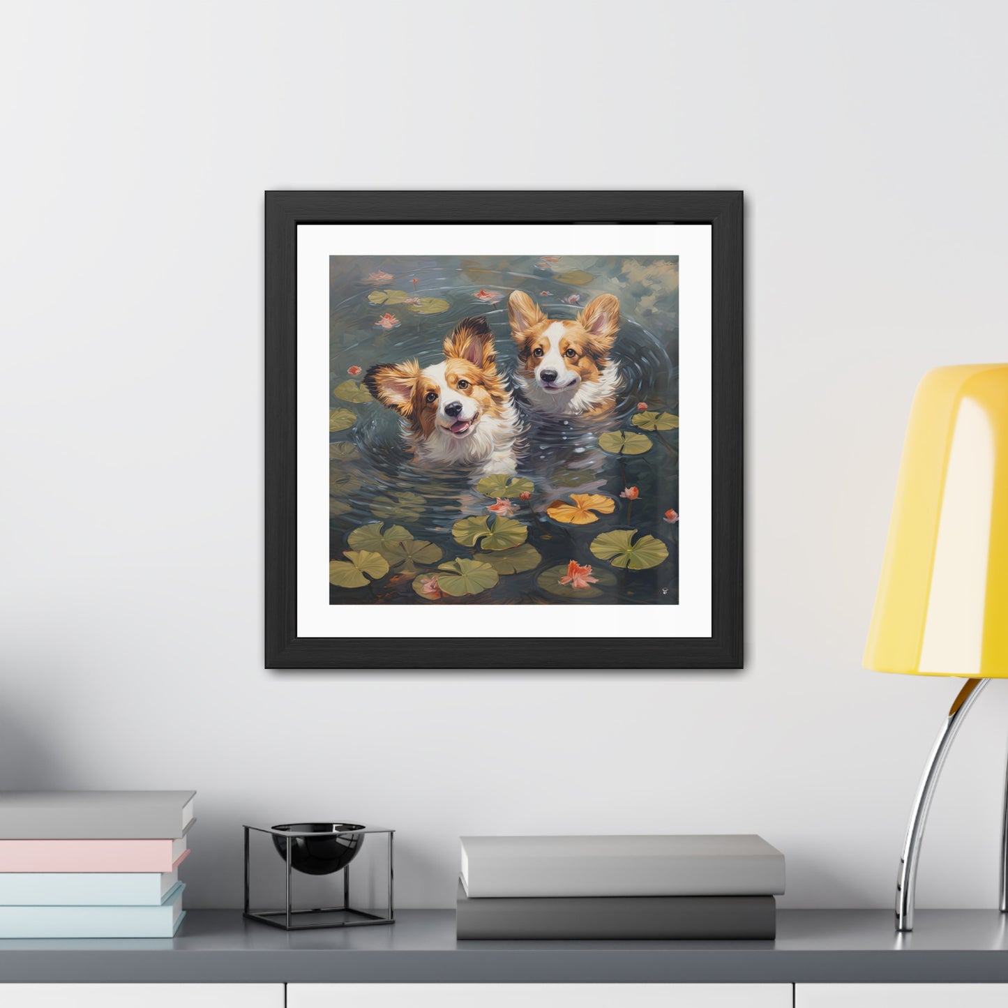 Estampe encadrée de chiots de l'étang