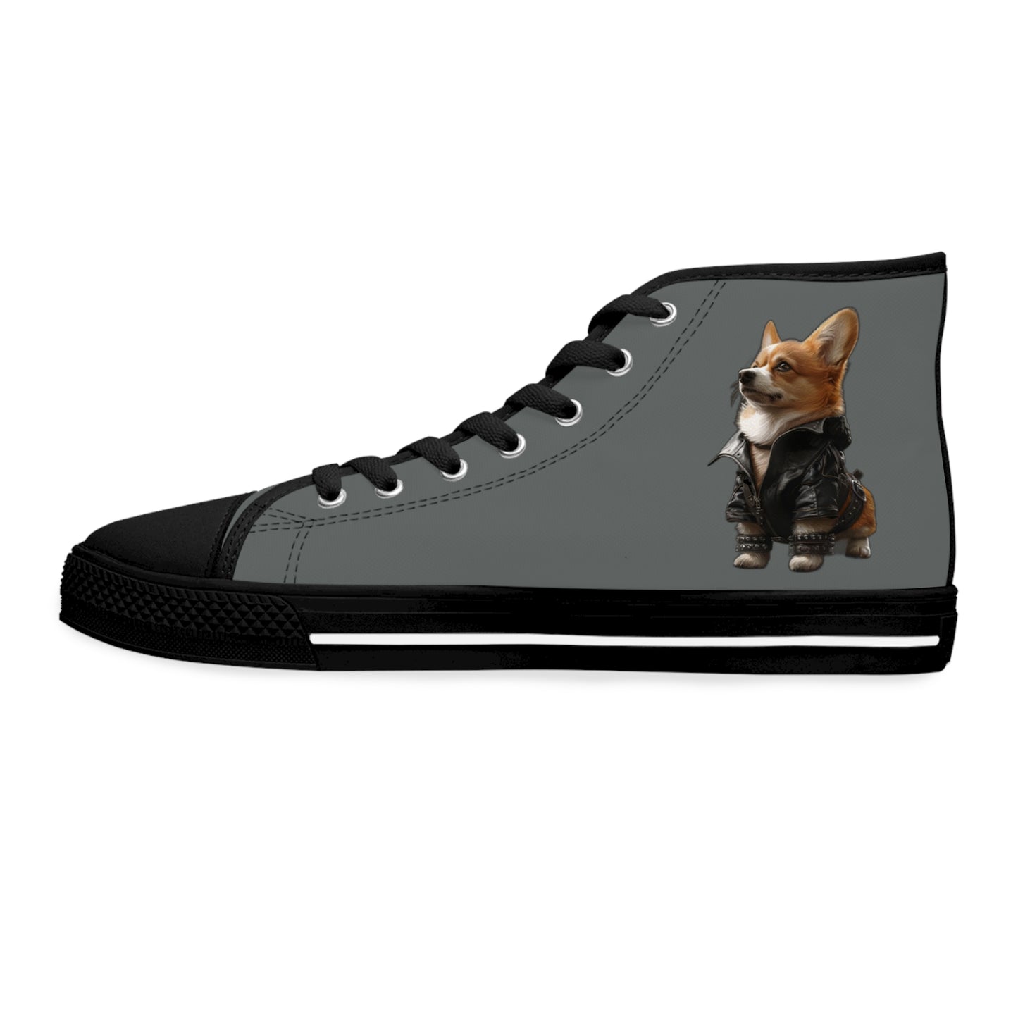 Leader of the Pack Women's High Top Casual Dark Gray Canvas Sneakers with a Leather-Clad Corgi