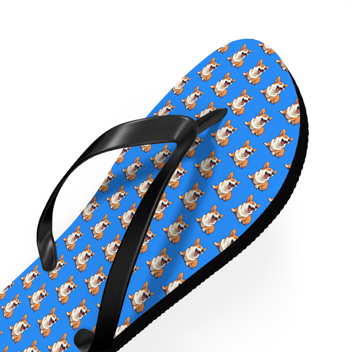 Comical Corgi All Smiles Repeater Pattern Artistic Unisex Flip Flops — Cute & Funny Corgi Themed Blue Sandals