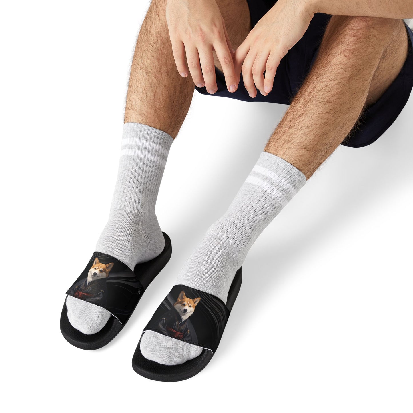 Samurai Corgi on a Black Wave Men's Slide Sandals - Casual Pool & Beach Slides