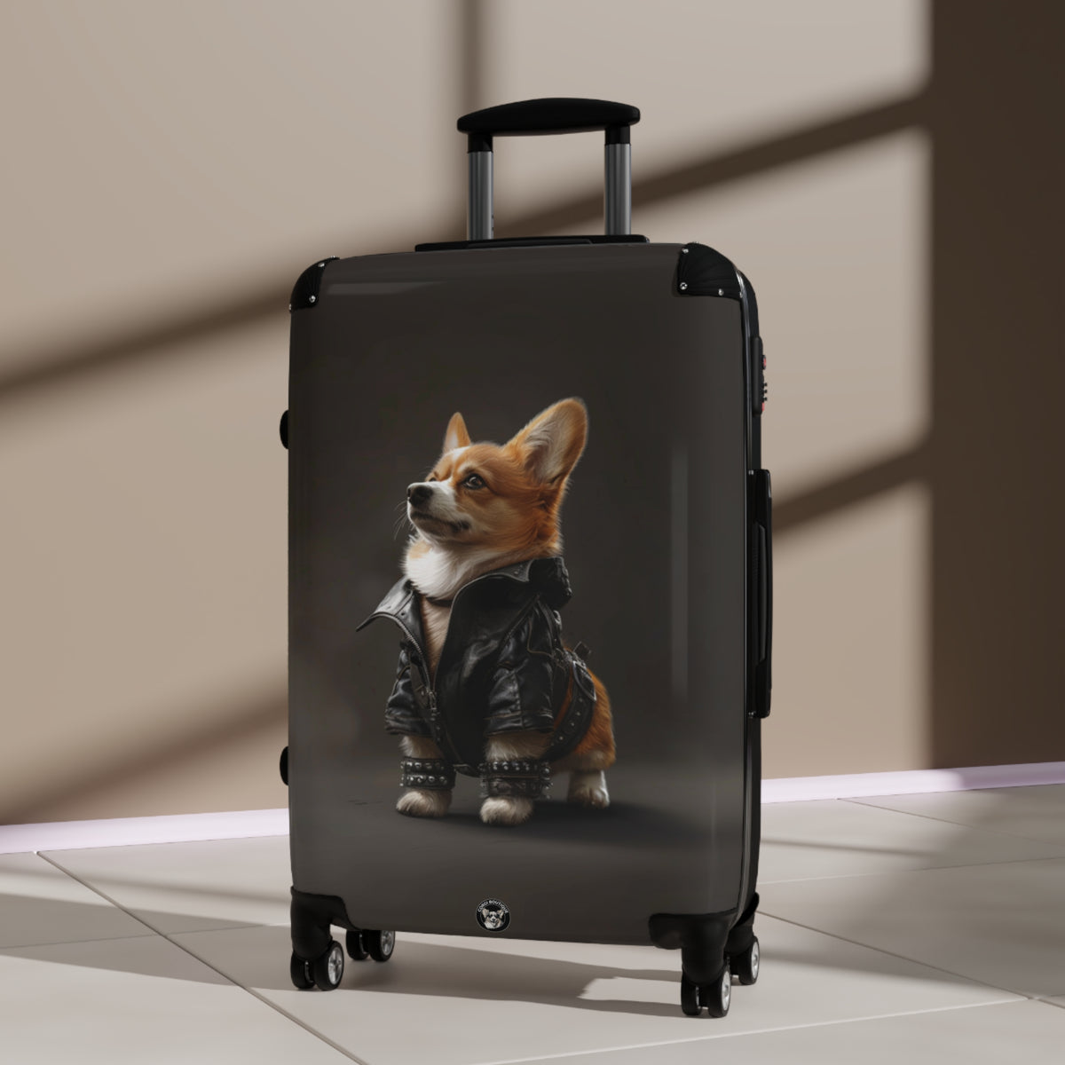 Leader of the Pack Corgi Travel Suitcases – Leather Jacket Clad Corgi Rolling Luggage