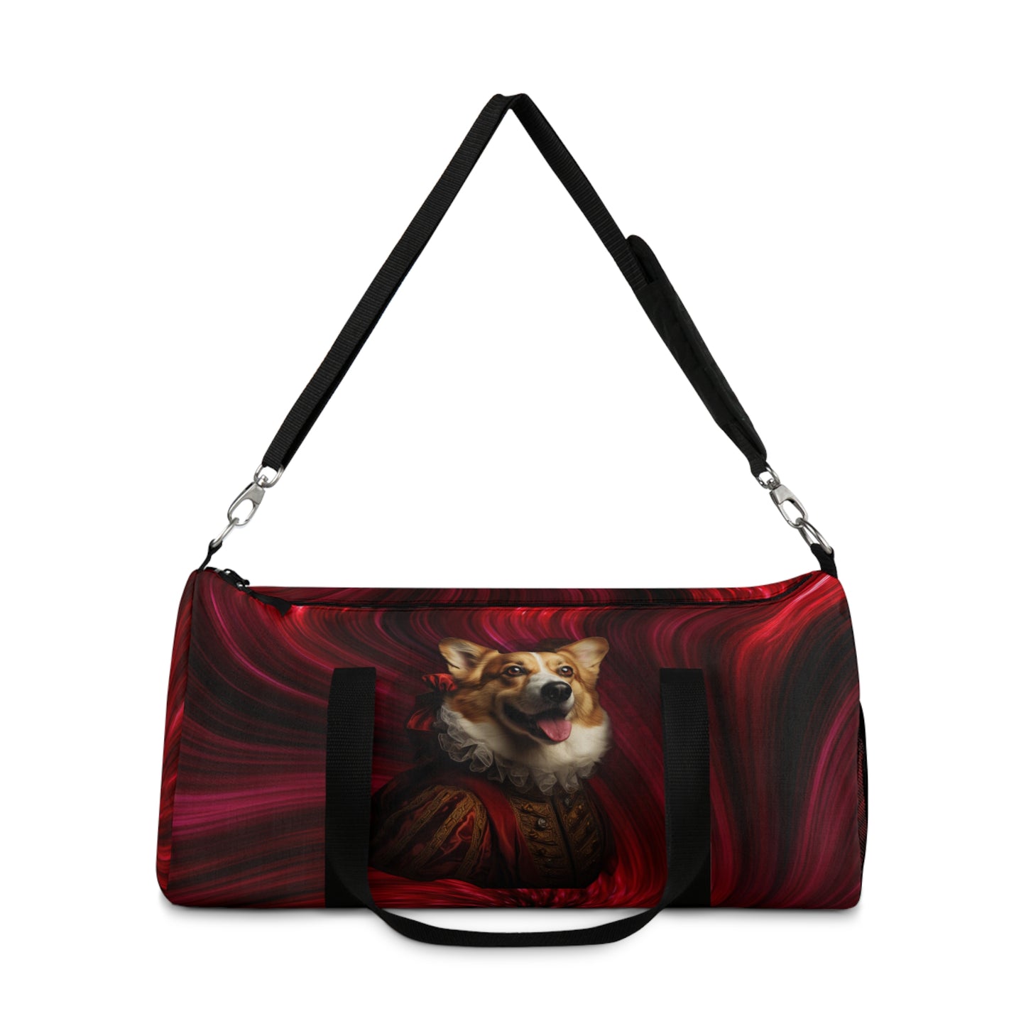 Renaissance Corgi in a Ruff Duffel Bag - Historic Corgi Black & Red Travel Gym Bag