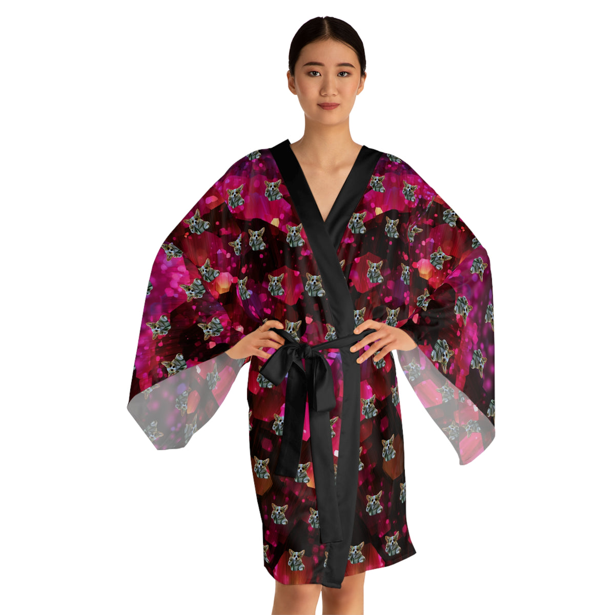 Baby Corgi Star Warrior Kimono Robe - Black Red & Purple Housecoat