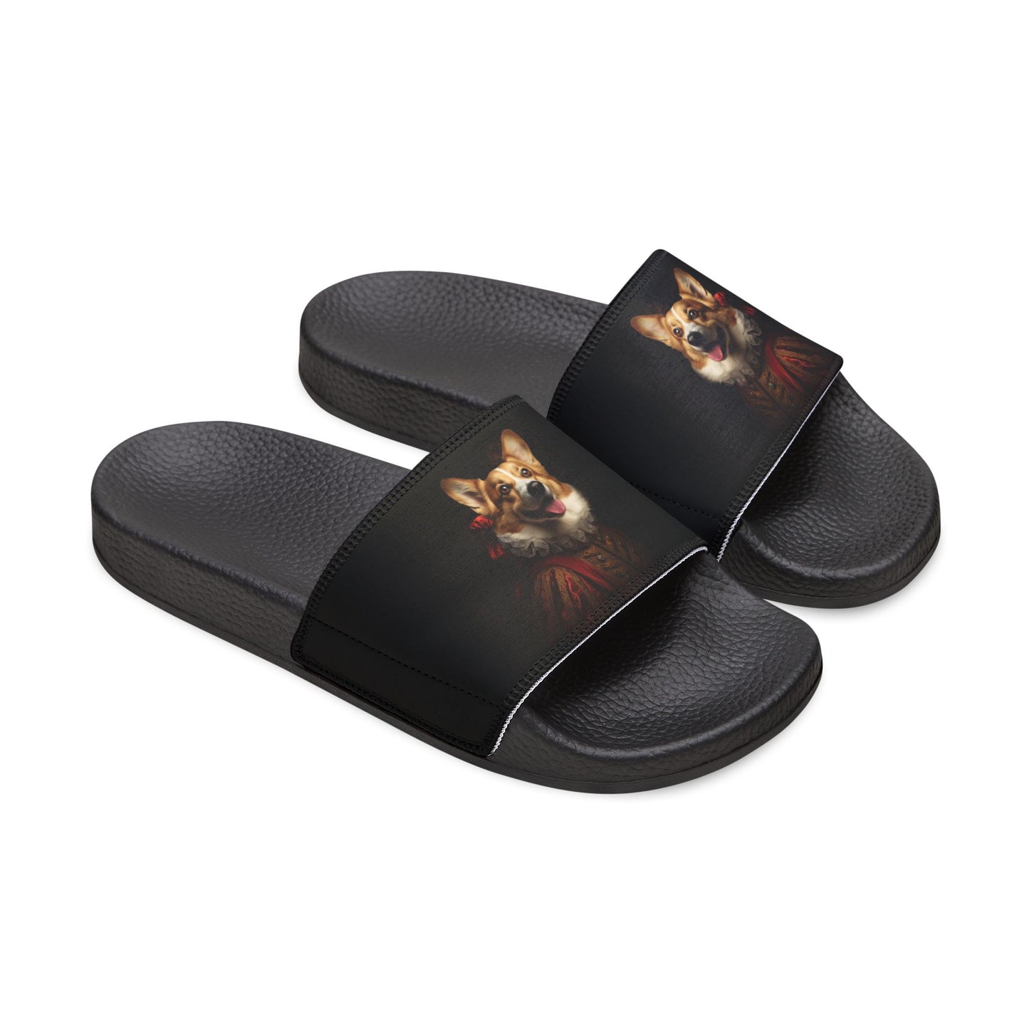 Renaissance Corgi in a Ruff Artistic Historic Men's Black Slide Sandals - Casual Pool & Beach Slides