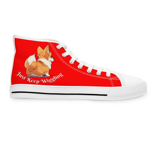 Just Keep Wiggling Women's High Top Casual Red Canvas Sneakers - Cute Corgi Illustration