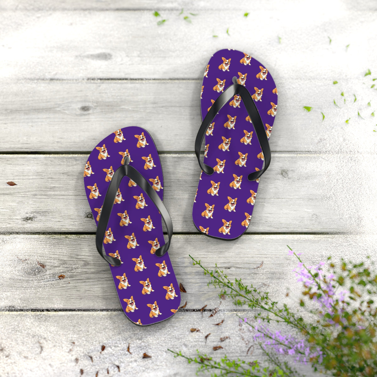 Jolly Jiggling Animated Corgi Flip-Flops - Purple Unisex Sandals