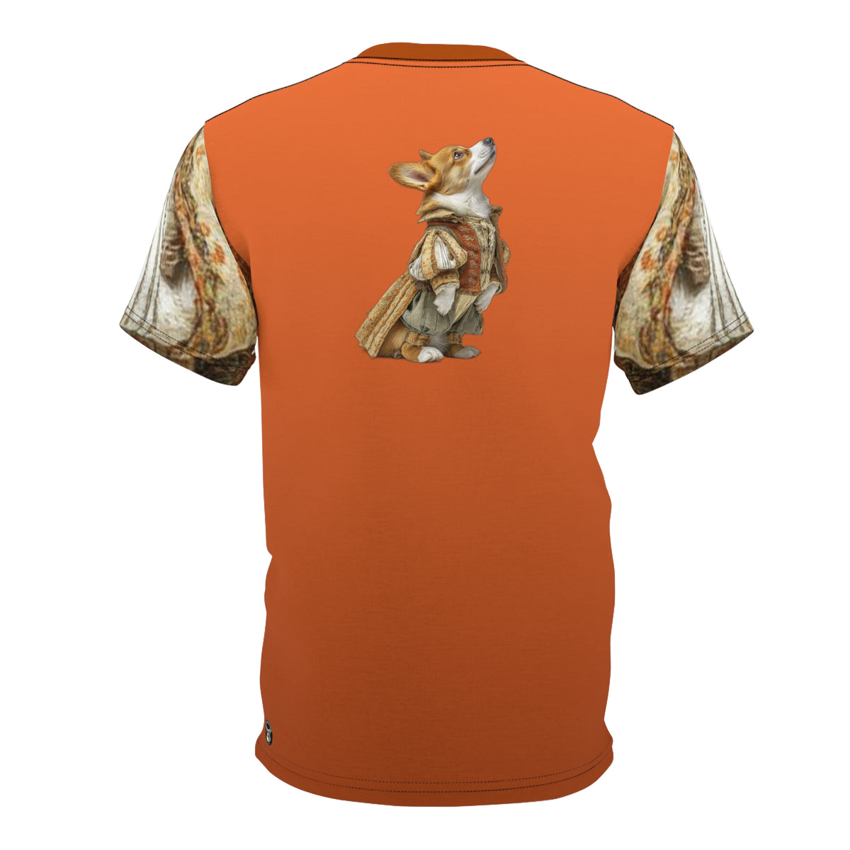 Prince Corgi Unisex Bold Designer Tee — Monarch on Marquess Marmalade with Valiant Virago Sleeves