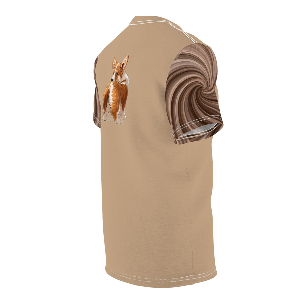 Butt What? Talk To The Butt Contemptuous Corgi Unisex Bold Designer Tee — Pembroke Pup on Latte Cream with Espresso Swirl Sleeves