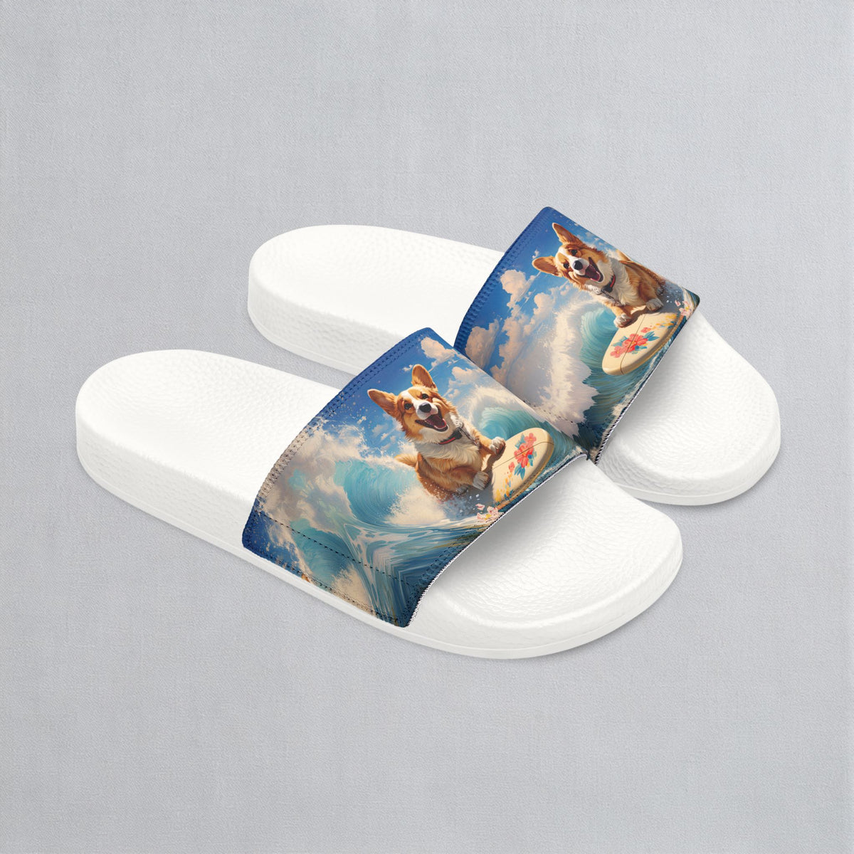 Cowabunga Corgi Big Blue Ocean Wave Men's Slide Sandals - Casual Pool & Beach Slides